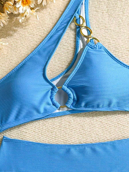 Women's Hollow-Out Monokini Bikini Set - One Shoulder, Chain Link, Asymmetrical Neck, Black