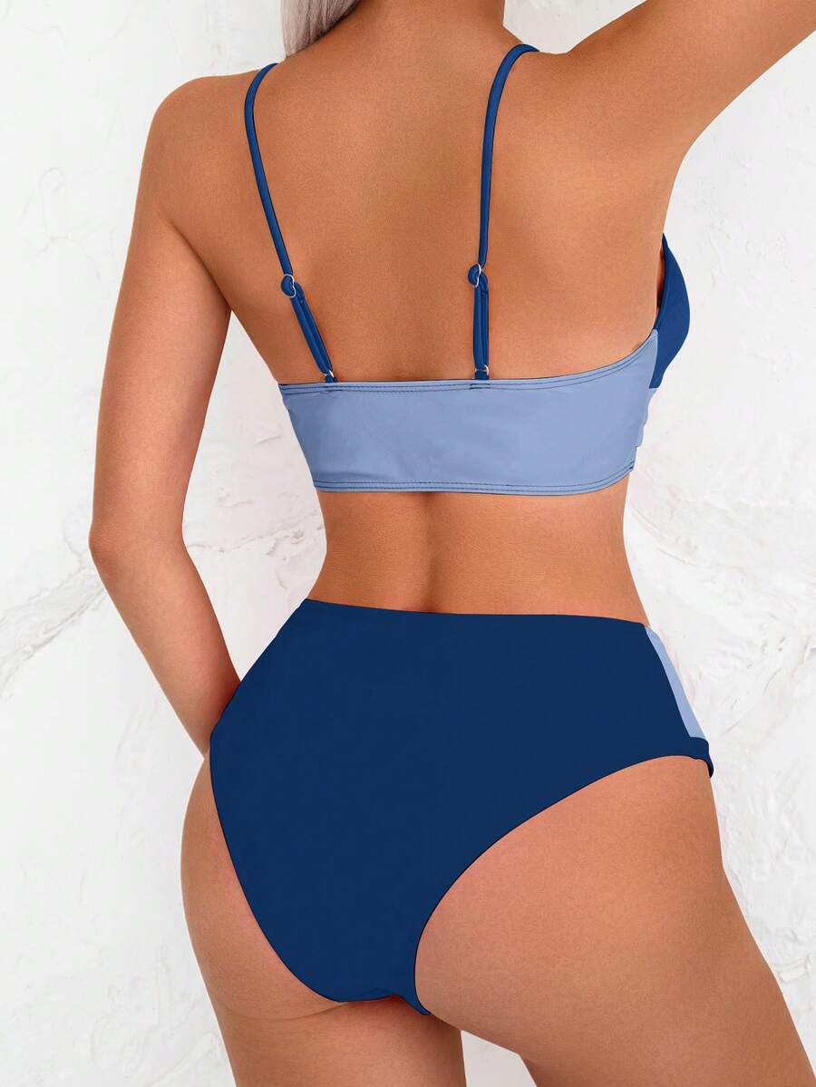 Women's 2-Piece Color-Block Bikini Set - Spaghetti Strap, Criss Cross, High Waist, Multicolor