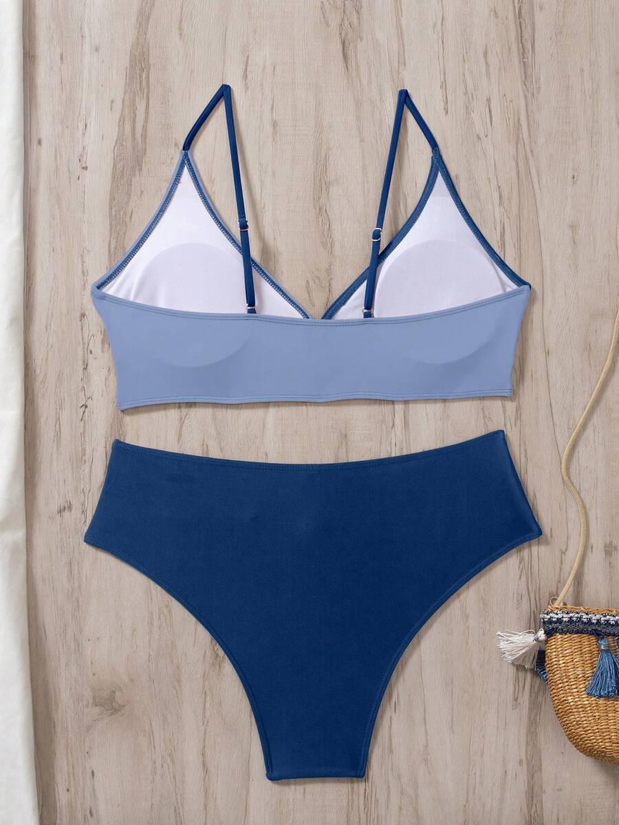 Women's 2-Piece Color-Block Bikini Set - Spaghetti Strap, Criss Cross, High Waist, Multicolor