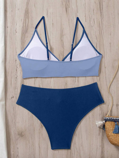 Women's 2-Piece Color-Block Bikini Set - Spaghetti Strap, Criss Cross, High Waist, Multicolor