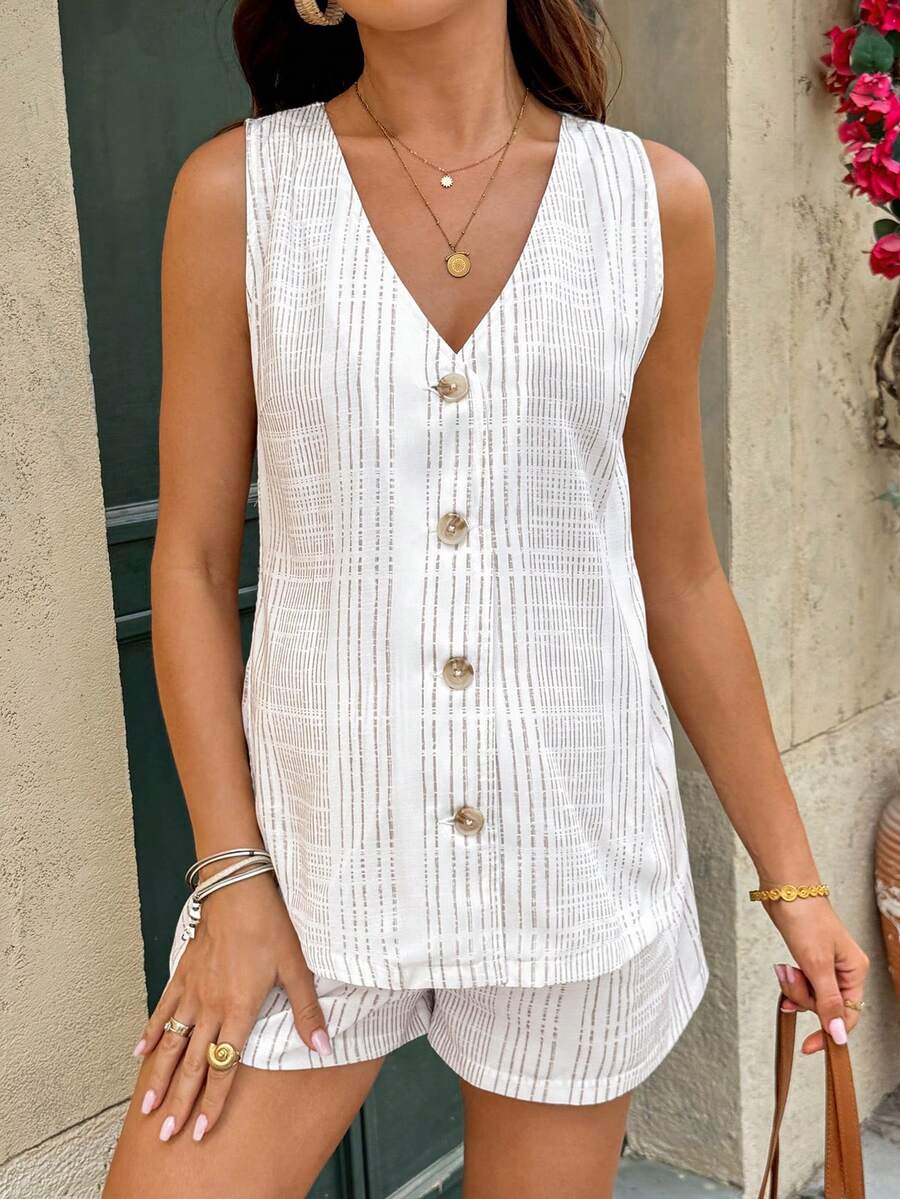 Maternity V-Neck Button-Down Camisole and Mini Shorts Set - Khaki Striped Woven Two-Piece Summer Vacation Outfit