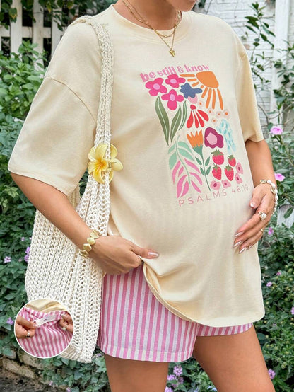 Maternity 2-Piece Summer Set Blue Letter Print Drop Shoulder T-Shirt and Striped Shorts Loose Fit Casual Beach Outfit