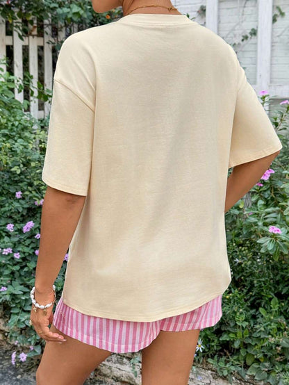 Maternity 2-Piece Summer Set Blue Letter Print Drop Shoulder T-Shirt and Striped Shorts Loose Fit Casual Beach Outfit