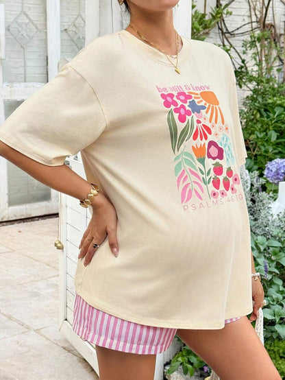 Maternity 2-Piece Summer Set Blue Letter Print Drop Shoulder T-Shirt and Striped Shorts Loose Fit Casual Beach Outfit