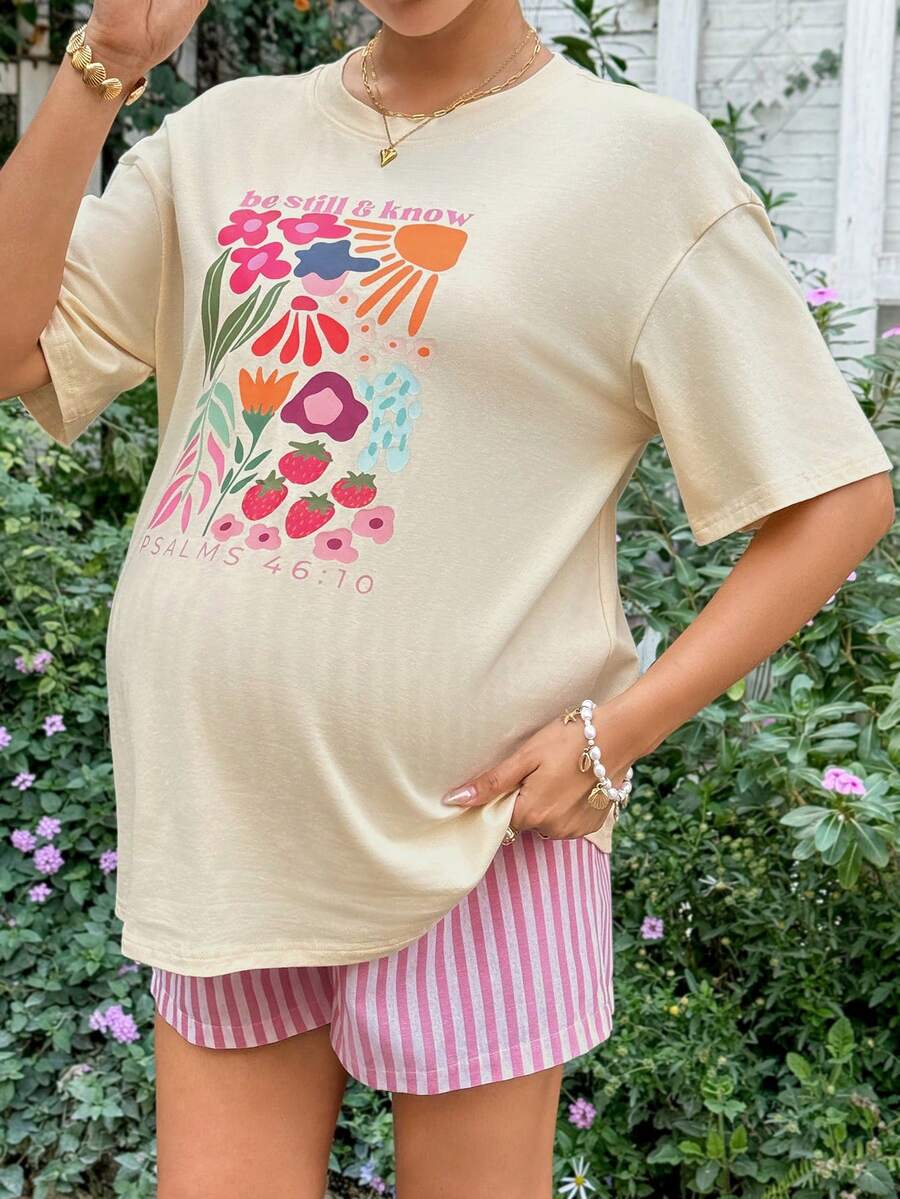Maternity 2-Piece Summer Set Blue Letter Print Drop Shoulder T-Shirt and Striped Shorts Loose Fit Casual Beach Outfit