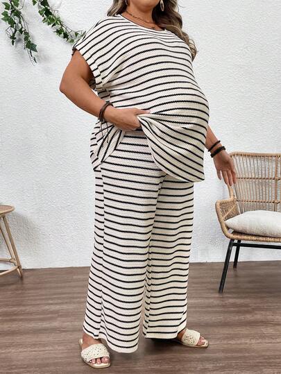 Plus Size Maternity Striped 2-Piece Set - Round Neck Tee & Wide Leg Pants, Skinny Fit, Apricot