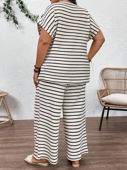 Plus Size Maternity Striped 2-Piece Set - Round Neck Tee & Wide Leg Pants, Skinny Fit, Apricot
