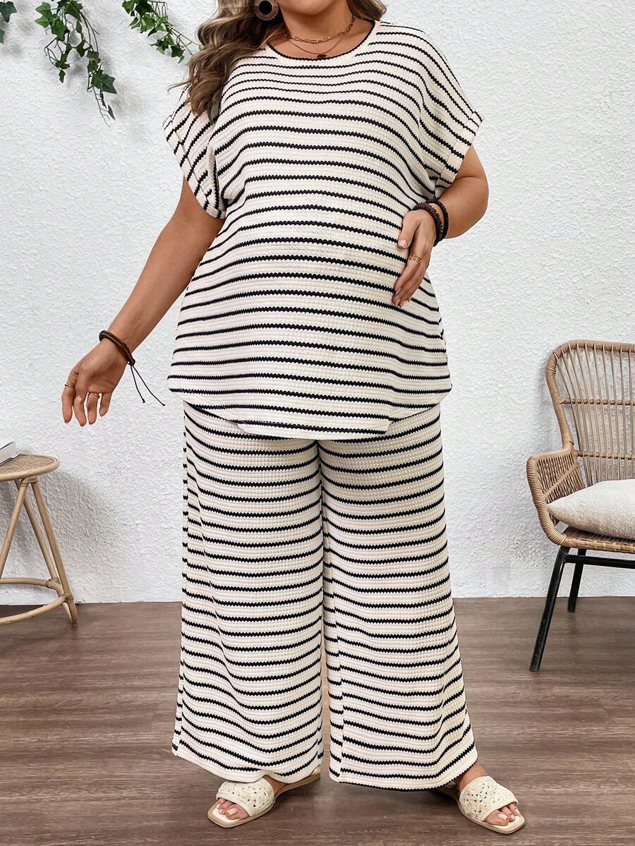 Plus Size Maternity Striped 2-Piece Set - Round Neck Tee & Wide Leg Pants, Skinny Fit, Apricot