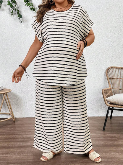 Plus Size Maternity Striped 2-Piece Set - Round Neck Tee & Wide Leg Pants, Skinny Fit, Apricot