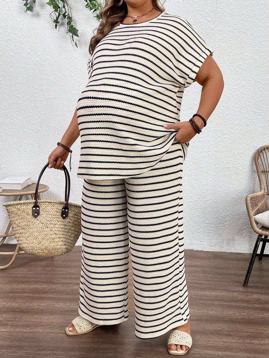 Plus Size Maternity Striped 2-Piece Set - Round Neck Tee & Wide Leg Pants, Skinny Fit, Apricot