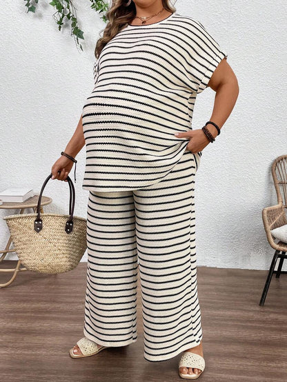 Plus Size Maternity Striped 2-Piece Set - Round Neck Tee & Wide Leg Pants, Skinny Fit, Apricot