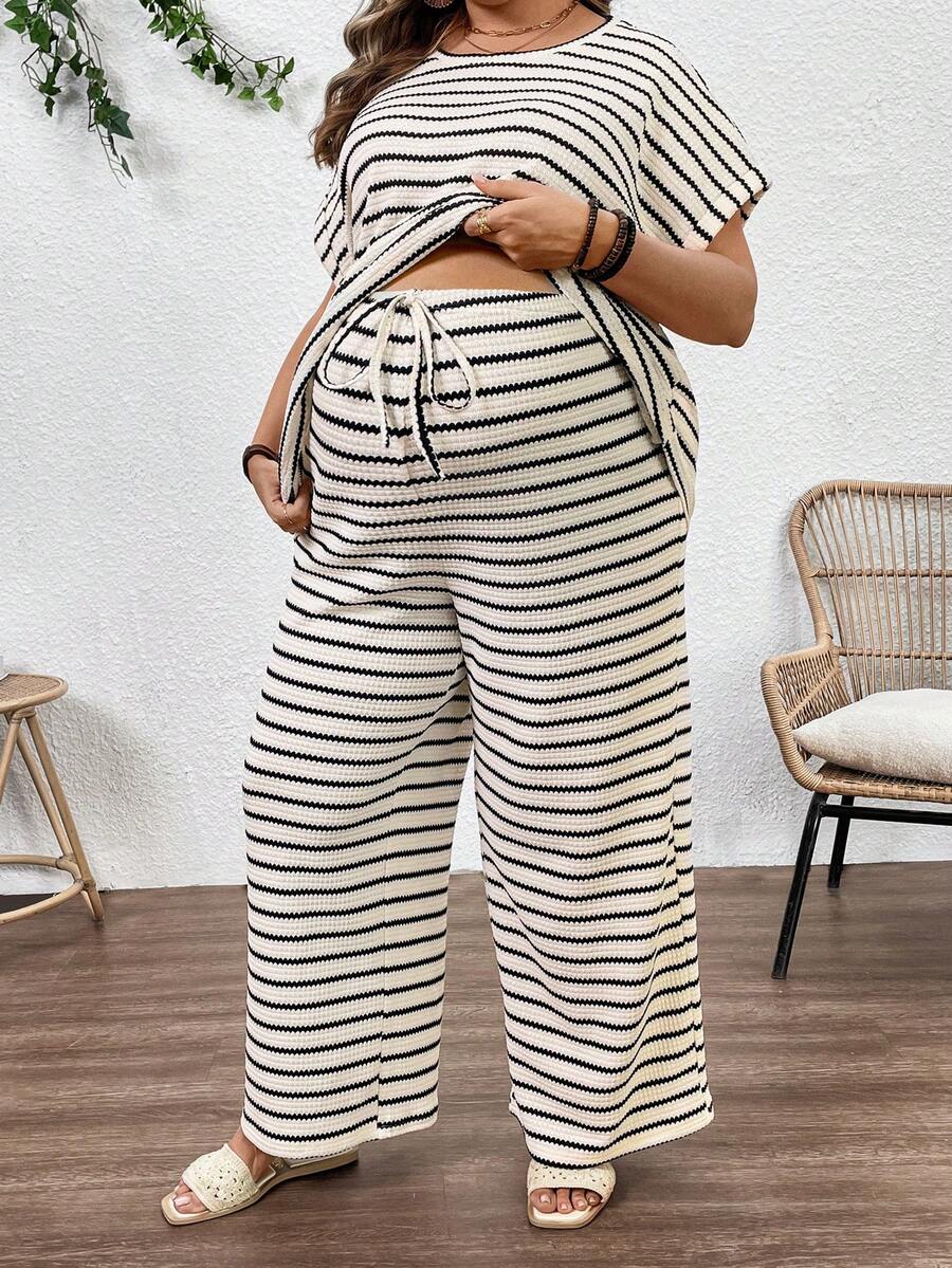 Plus Size Maternity Striped 2-Piece Set - Round Neck Tee & Wide Leg Pants, Skinny Fit, Apricot