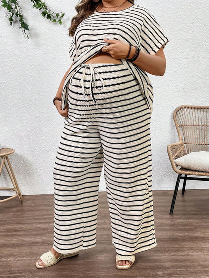 Plus Size Maternity Striped 2-Piece Set - Round Neck Tee & Wide Leg Pants, Skinny Fit, Apricot