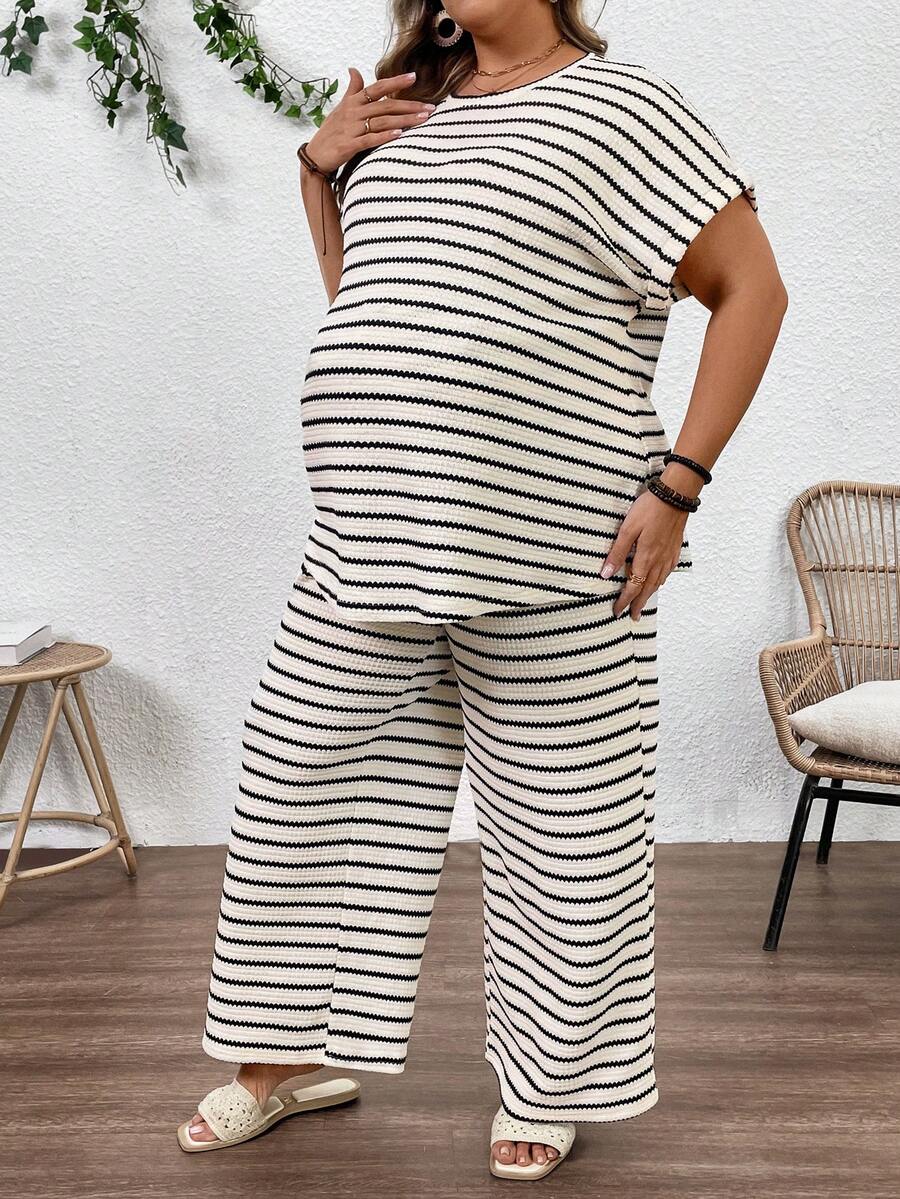 Plus Size Maternity Striped 2-Piece Set - Round Neck Tee & Wide Leg Pants, Skinny Fit, Apricot