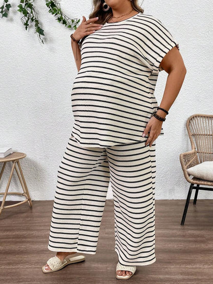 Plus Size Maternity Striped 2-Piece Set - Round Neck Tee & Wide Leg Pants, Skinny Fit, Apricot