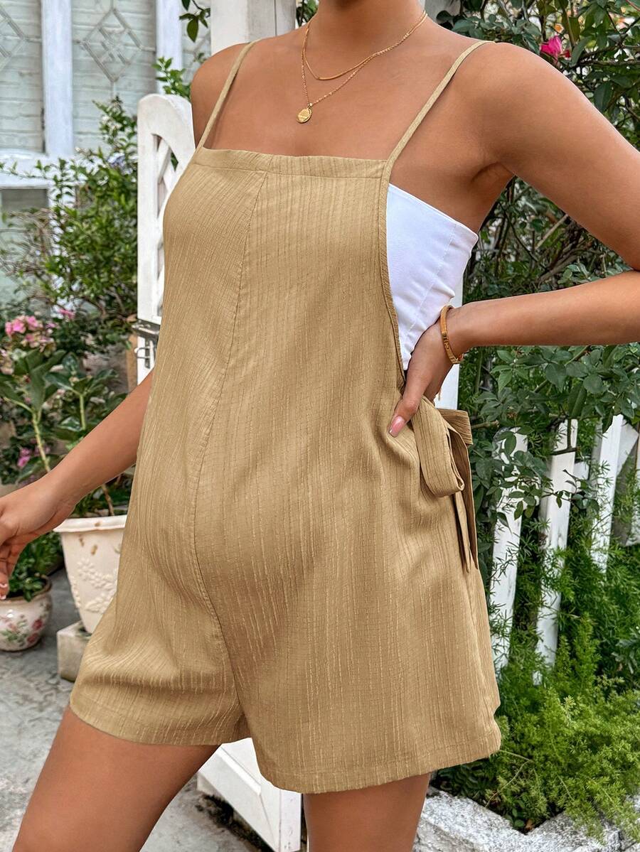 Apricot Spaghetti Strap Maternity Jumpsuit - Casual Sleeveless Knot Front Loose Fit Short Summer Vacation Romper