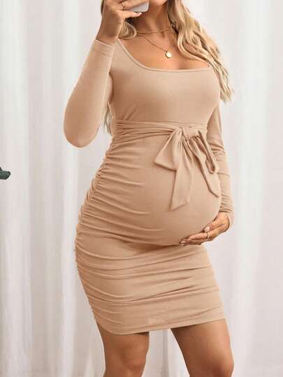 Maternity Bodycon Dress - Khaki Ruched Slim-Fit Belted Square Neck Long Sleeve Ribbed Knit, Pencil