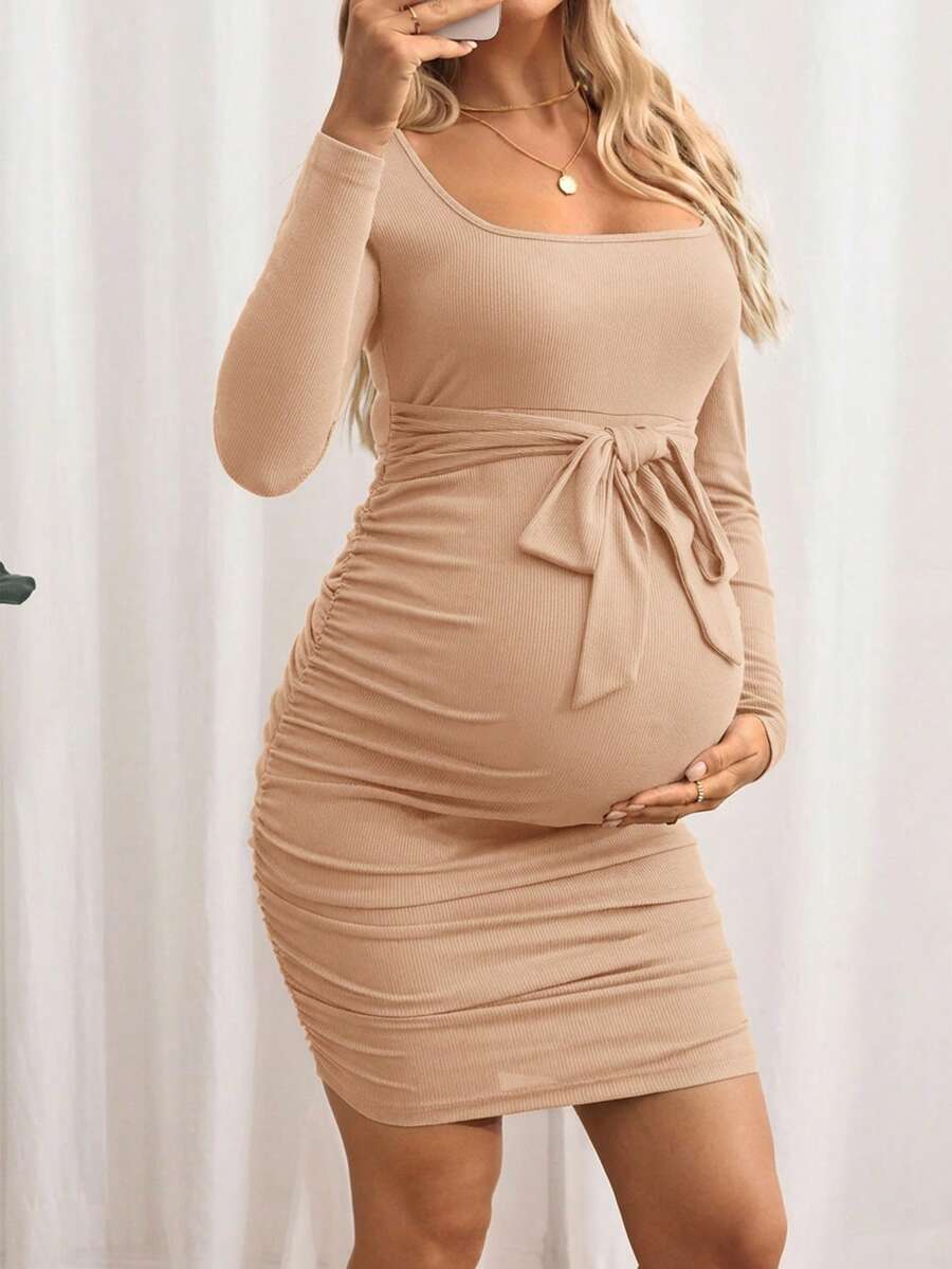 Maternity Bodycon Dress - Khaki Ruched Slim-Fit Belted Square Neck Long Sleeve Ribbed Knit, Pencil