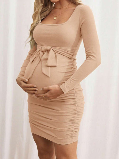 Maternity Bodycon Dress - Khaki Ruched Slim-Fit Belted Square Neck Long Sleeve Ribbed Knit, Pencil