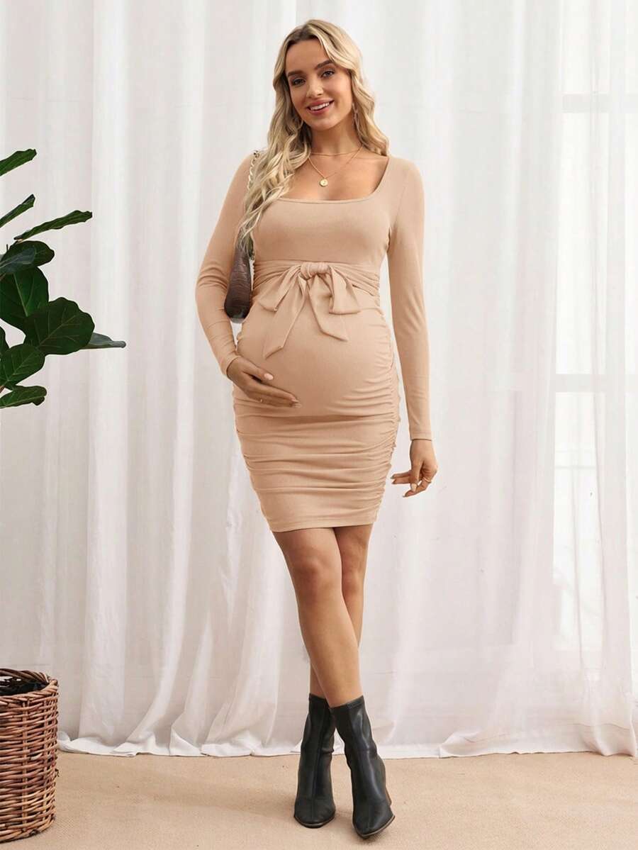 Maternity Bodycon Dress - Khaki Ruched Slim-Fit Belted Square Neck Long Sleeve Ribbed Knit, Pencil