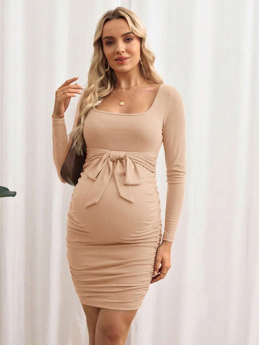 Maternity Bodycon Dress - Khaki Ruched Slim-Fit Belted Square Neck Long Sleeve Ribbed Knit, Pencil