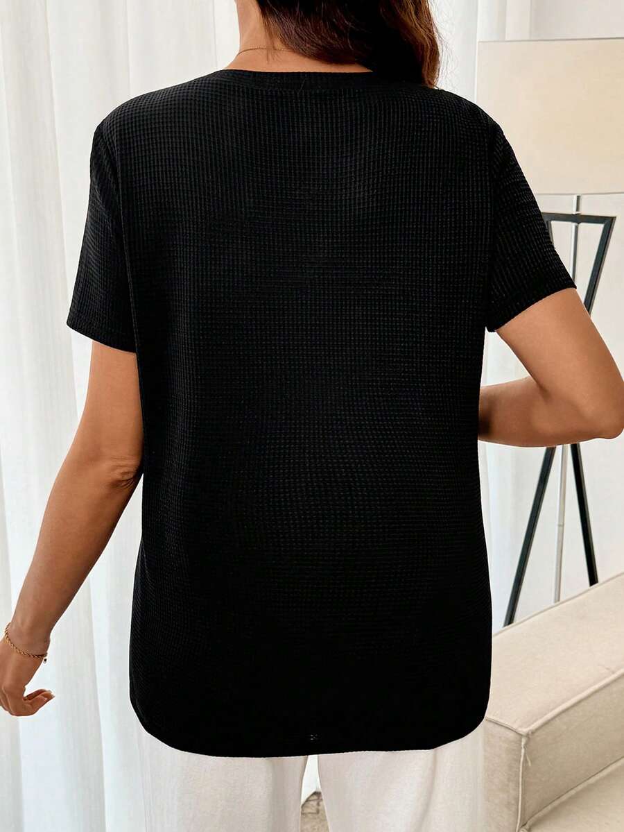 Black Short Sleeve Maternity Nursing Top with Zipper Detail Loose Fit Round Neck Soft Knitted Casual Home Wear Shirt