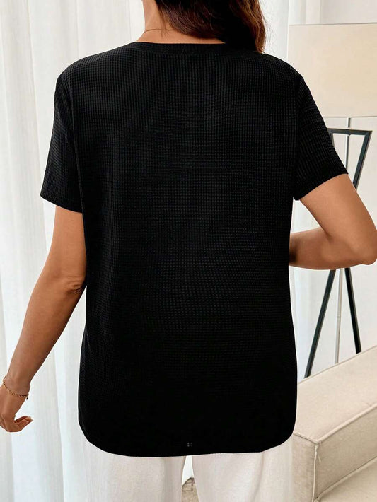 Black Short Sleeve Maternity Nursing Top with Zipper Detail Loose Fit Round Neck Soft Knitted Casual Home Wear Shirt