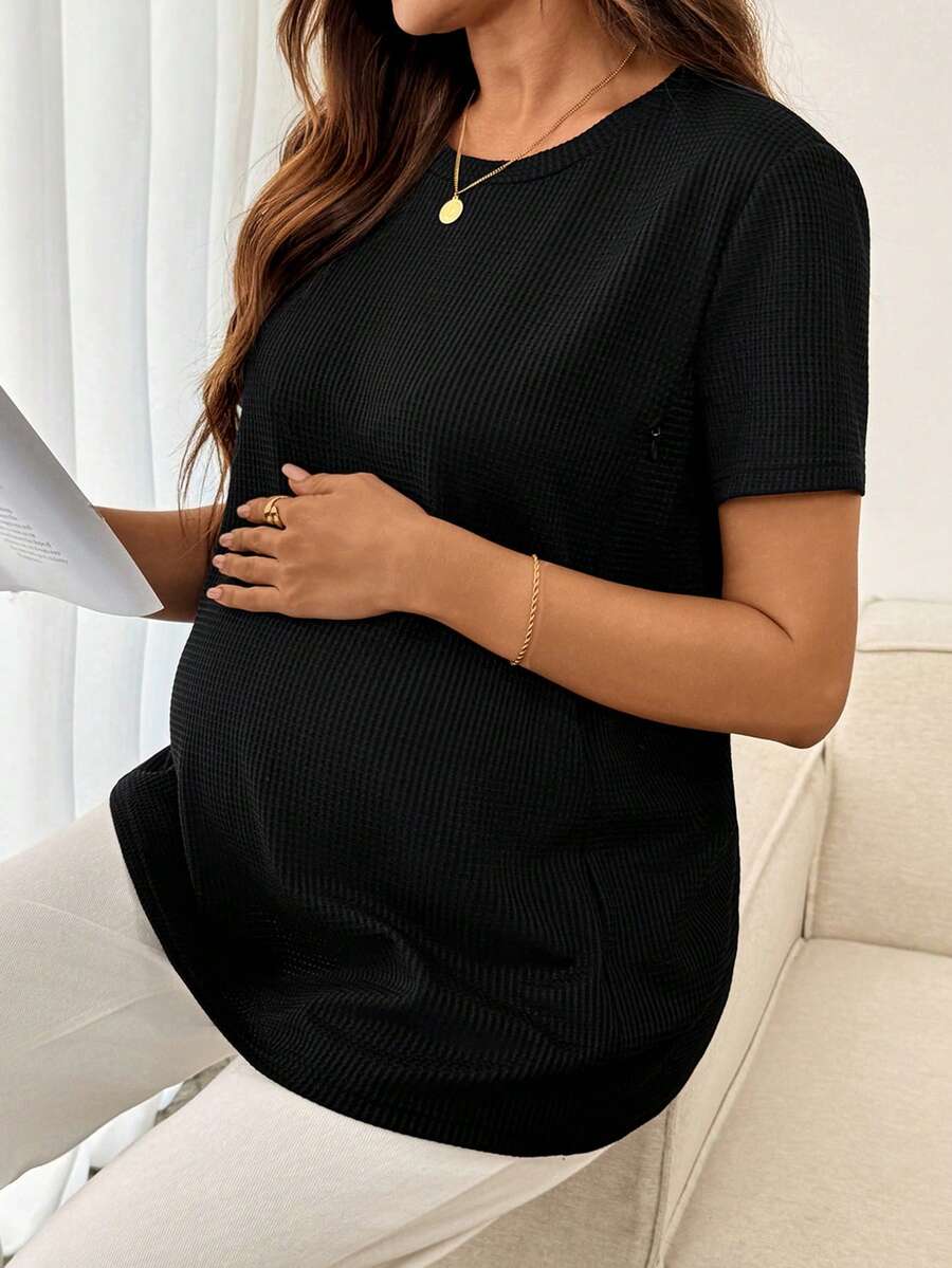 Black Short Sleeve Maternity Nursing Top with Zipper Detail Loose Fit Round Neck Soft Knitted Casual Home Wear Shirt