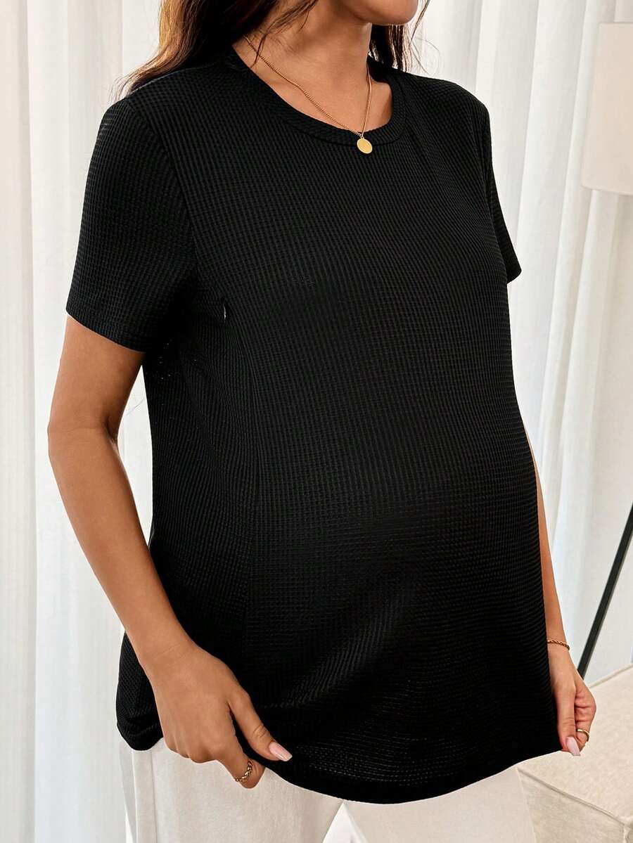 Black Short Sleeve Maternity Nursing Top with Zipper Detail Loose Fit Round Neck Soft Knitted Casual Home Wear Shirt