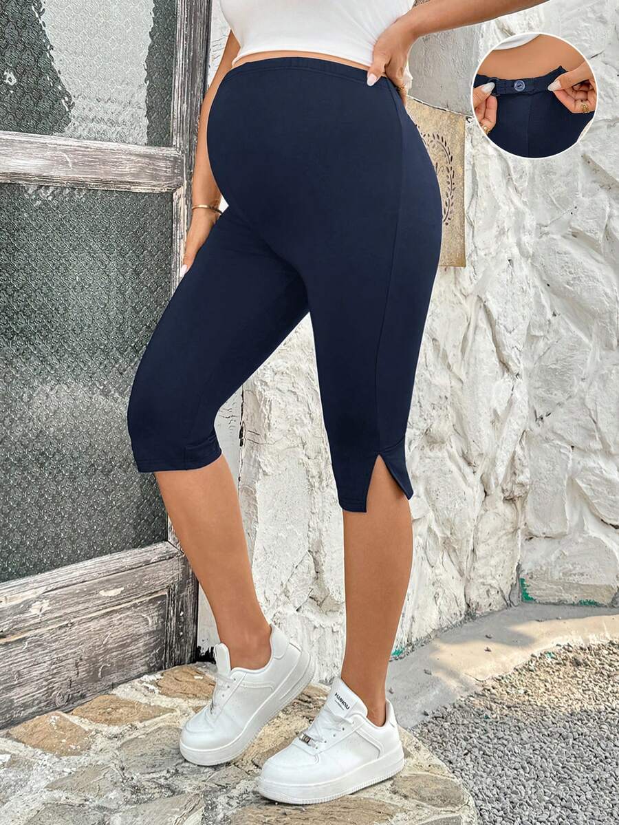 Maternity Adjustable Waist Side Slit Casual 3/4 Length Leggings For Women