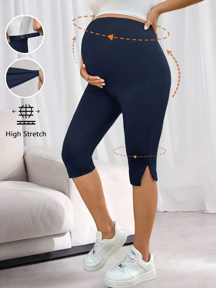 Maternity Adjustable Waist Side Slit Casual 3/4 Length Leggings For Women