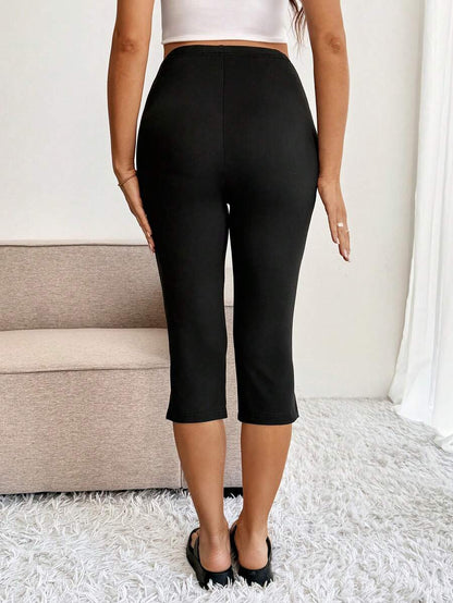 Maternity Solid Color Adjustable Waist Slit Hem Casual Cropped Leggings Maternity Leggings Pregnancy Pants Pregnancy Clothing
