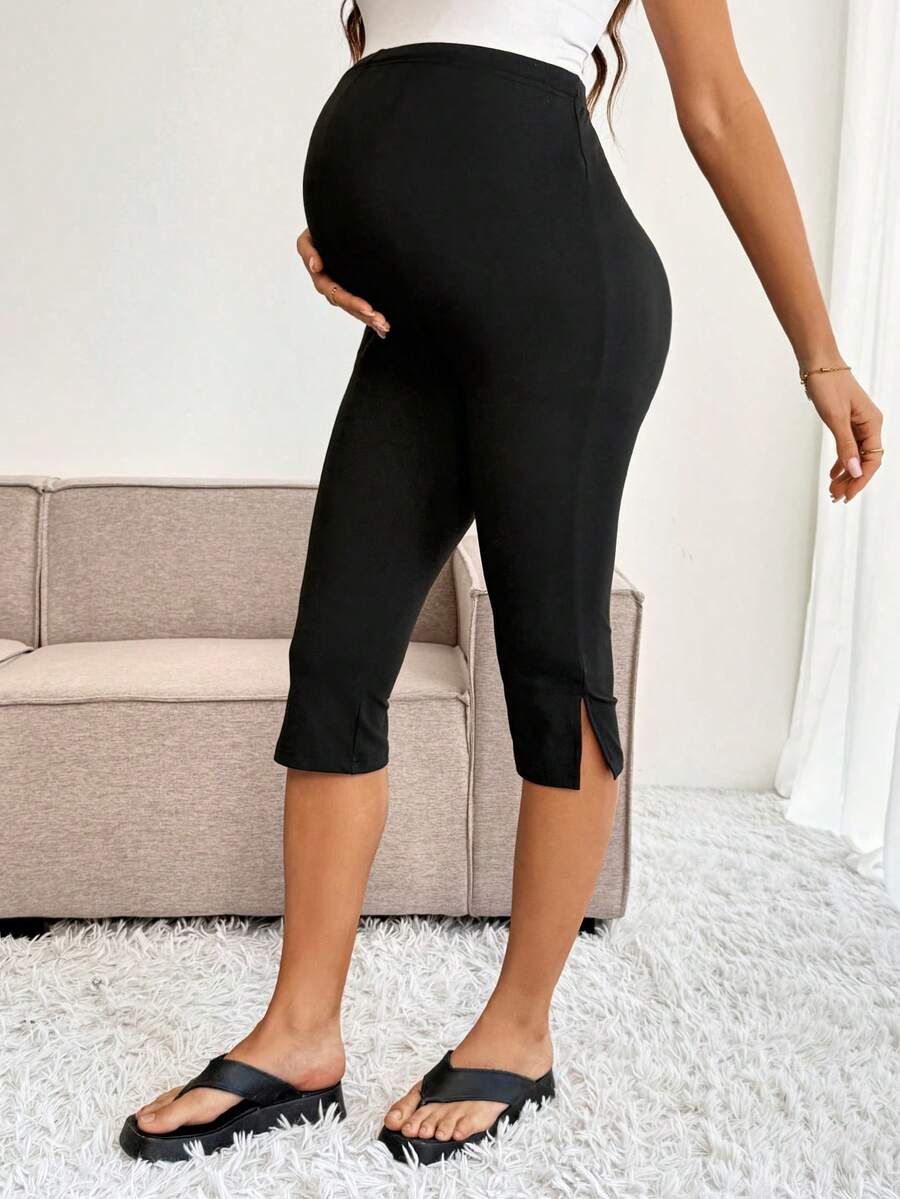 Maternity Solid Color Adjustable Waist Slit Hem Casual Cropped Leggings Maternity Leggings Pregnancy Pants Pregnancy Clothing