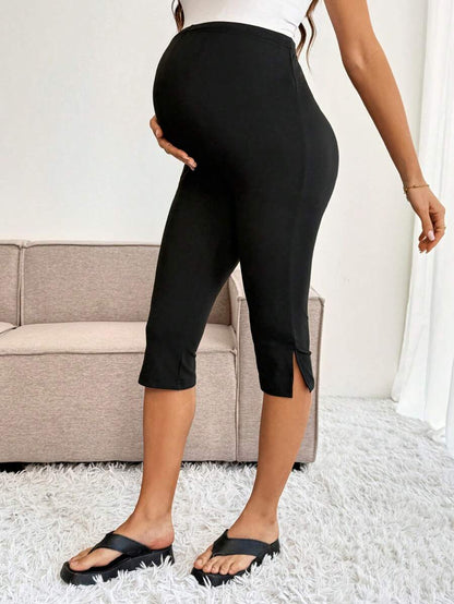 Apricot Maternity High Waist Slit Ankle Pants - Stretchy Fitted Knitted Capris - Comfortable Elastic Waist Summer Leggings for Daily Wear