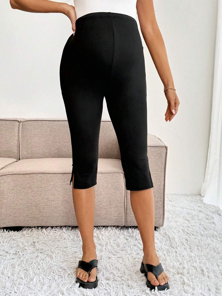 Apricot Maternity High Waist Slit Ankle Pants - Stretchy Fitted Knitted Capris - Comfortable Elastic Waist Summer Leggings for Daily Wear