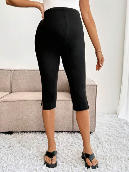Apricot Maternity High Waist Slit Ankle Pants - Stretchy Fitted Knitted Capris - Comfortable Elastic Waist Summer Leggings for Daily Wear