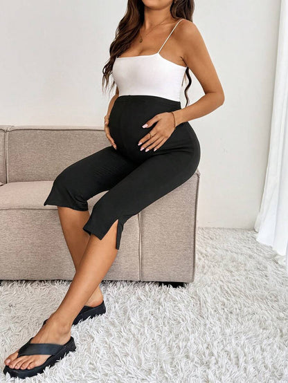Maternity Solid Color Adjustable Waist Slit Hem Casual Cropped Leggings Maternity Leggings Pregnancy Pants Pregnancy Clothing