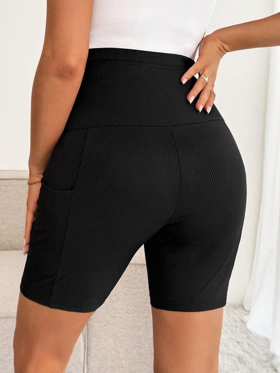 Maternity Black Ribbed Knit Adjustable Waist Shorts Ultra High Waist Slight Stretch Casual Daily Commute Summer Bottoms