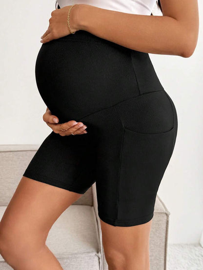 Maternity Black Ribbed Knit Adjustable Waist Shorts Ultra High Waist Slight Stretch Casual Daily Commute Summer Bottoms