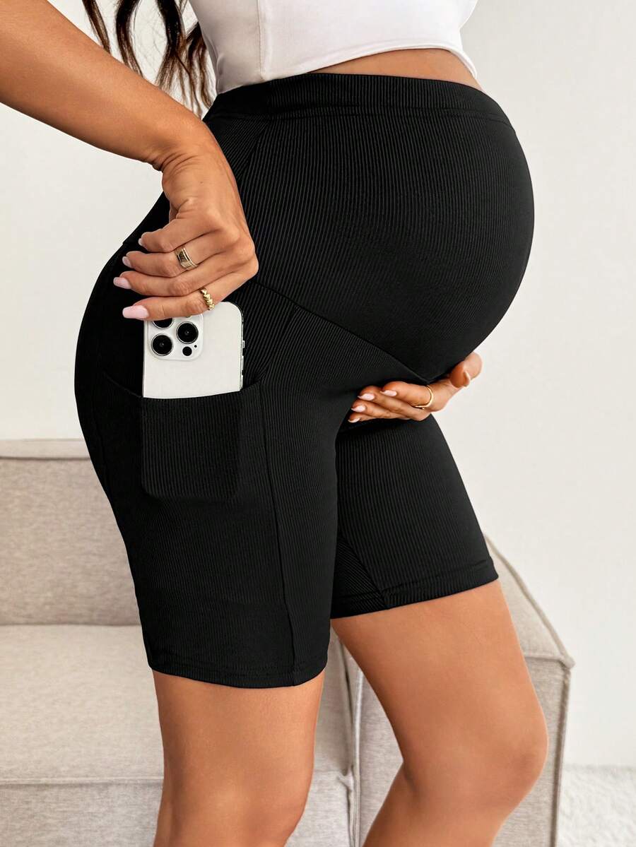 Maternity Black Ribbed Knit Adjustable Waist Shorts Ultra High Waist Slight Stretch Casual Daily Commute Summer Bottoms