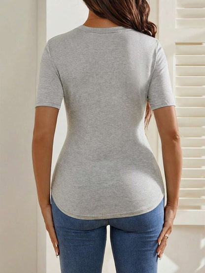 Maternity Cartoon Animal Print Short Sleeve T-Shirt - Blue Round Neck Ruched Side Casual Knit Top for Daily Wear