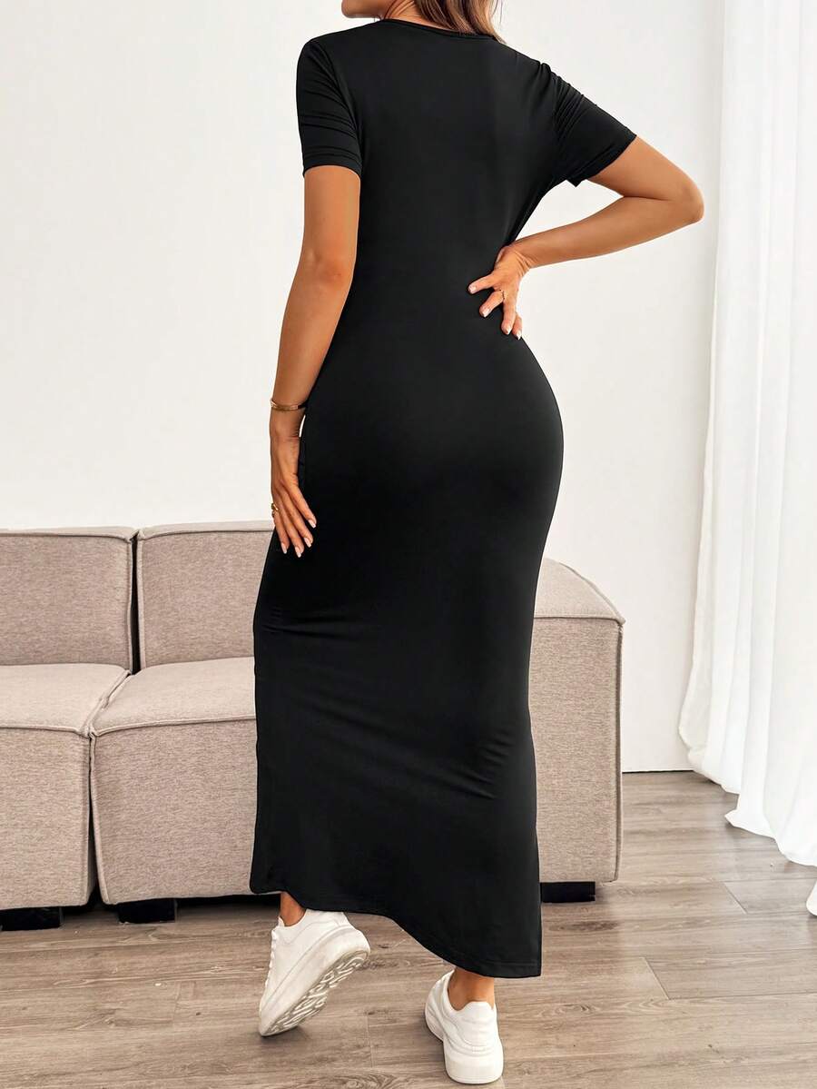 Maternity Bodycon Long Dress - Round Neck, Short Sleeve, Slim Fit, Pencil Hem, Army Green