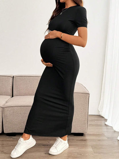 Maternity Bodycon Long Dress - Round Neck, Short Sleeve, Slim Fit, Pencil Hem, Army Green