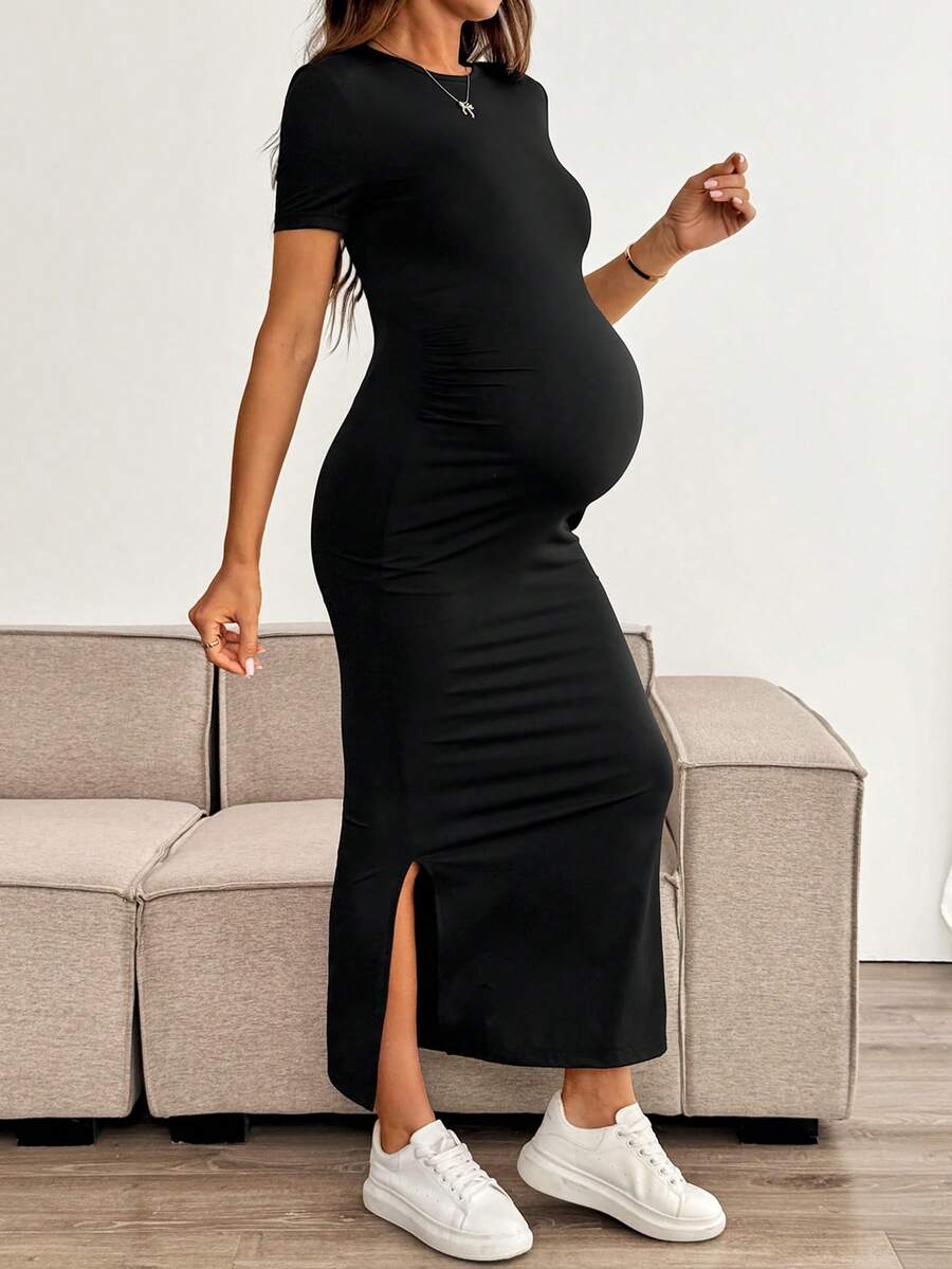 Maternity Bodycon Long Dress - Round Neck, Short Sleeve, Slim Fit, Pencil Hem, Army Green