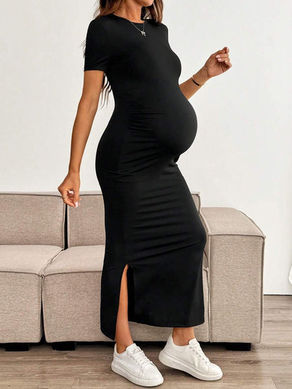 Maternity Bodycon Long Dress - Round Neck, Short Sleeve, Slim Fit, Pencil Hem, Army Green