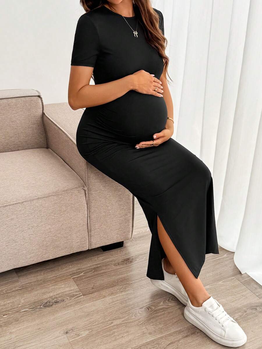 Maternity Bodycon Long Dress - Round Neck, Short Sleeve, Slim Fit, Pencil Hem, Army Green