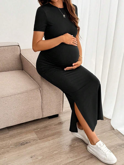Maternity Bodycon Long Dress - Round Neck, Short Sleeve, Slim Fit, Pencil Hem, Army Green