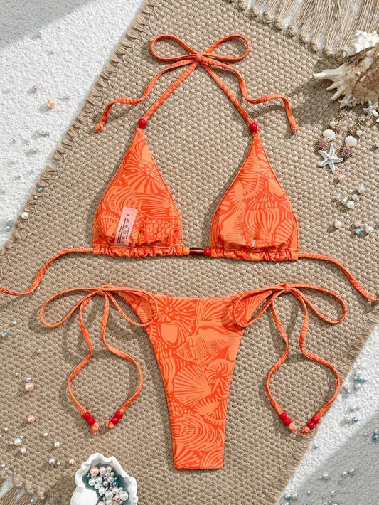 Swim Vcay New Women's Fashion Sexy Orange Floral Print Side With Red Bead Detail Bikini Set For Beach, Vacation, Pool, Spring & Summer
