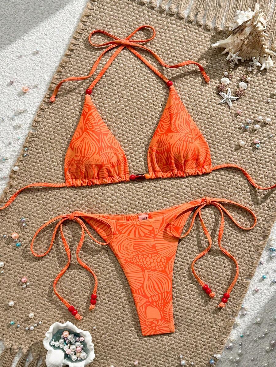 Swim Vcay New Women's Fashion Sexy Orange Floral Print Side With Red Bead Detail Bikini Set For Beach, Vacation, Pool, Spring & Summer
