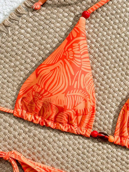 Swim Vcay New Women's Fashion Sexy Orange Floral Print Side With Red Bead Detail Bikini Set For Beach, Vacation, Pool, Spring & Summer